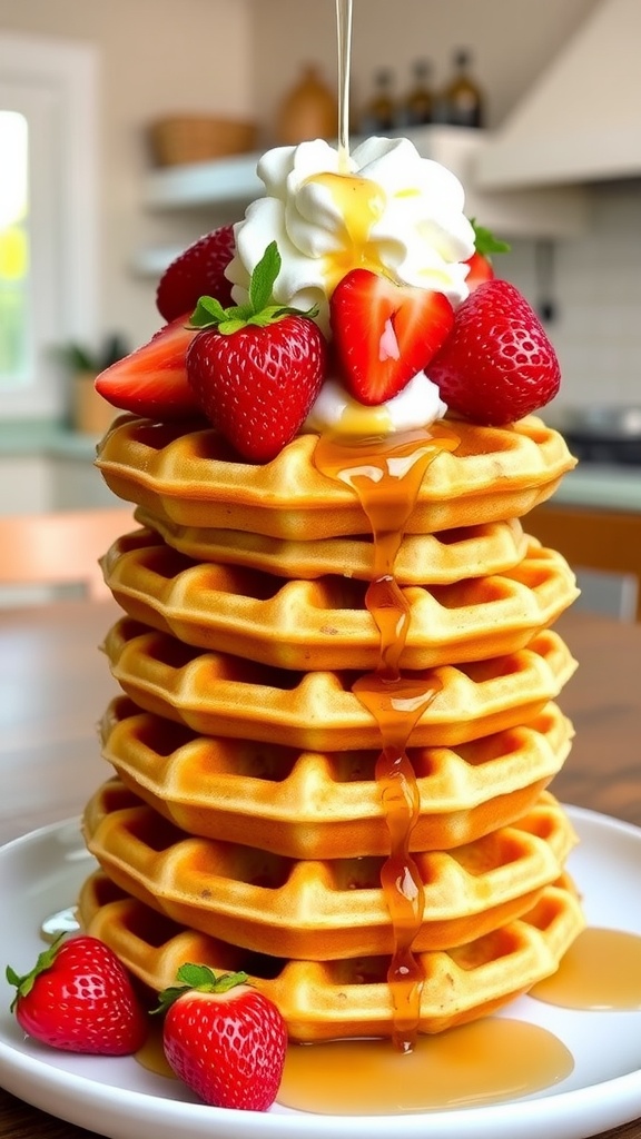 A crispy quinoa waffle topped with strawberries and maple syrup on a rustic table.